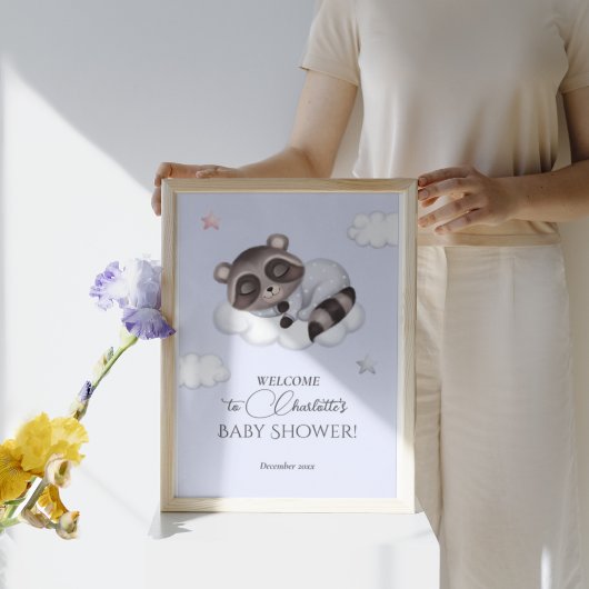 Gentle Boy Raccoon Blue Baby Shower Welcome ポスター