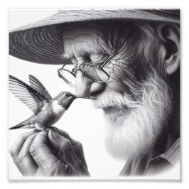 Gentle Connection Elderly Man and Hummingbird Art フォトプリント