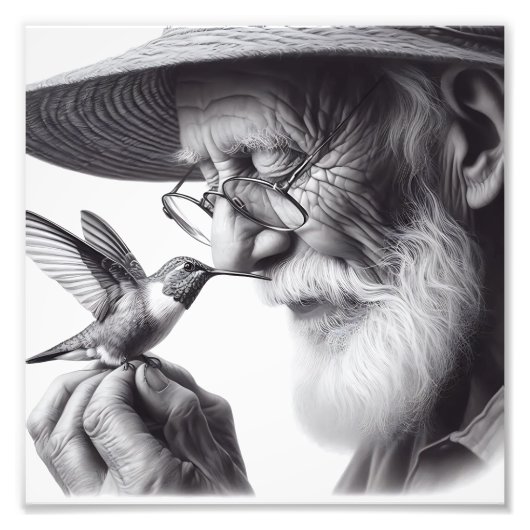 Gentle Connection Elderly Man and Hummingbird Art フォトプリント (正面)