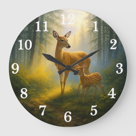 Gentle deer duo in sunlit forest ラージ壁時計 (正面)