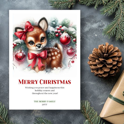Gentle Fawn Watercolor Snowy Forest Christmas Card シーズンカード