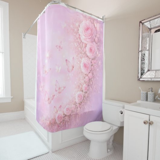 Gentle Floral Pattern – Soft Pink Roses with Soft  シャワーカーテン (インサイチュ)