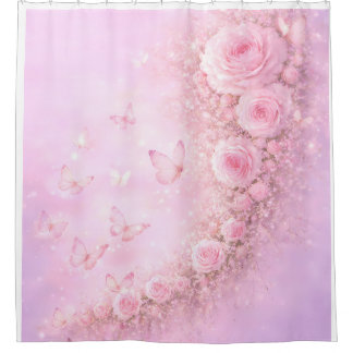 Gentle Floral Pattern – Soft Pink Roses with Soft シャワーカーテン