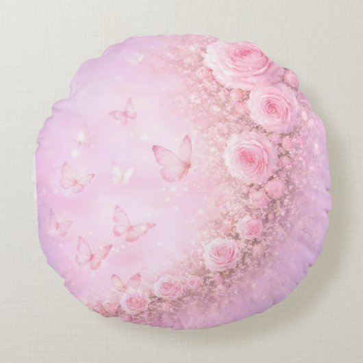 Gentle Floral Pattern – Soft Pink Roses with Soft  ラウンドクッション (正面)