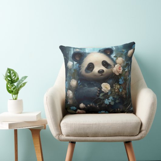 Gentle Panda Bear Among Jungle Roses クッション (椅子)