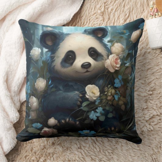 Gentle Panda Bear Among Jungle Roses クッション (ブランケット)