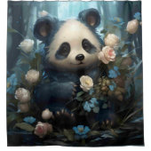 Gentle Panda Bear Among Jungle Roses シャワーカーテン (正面)