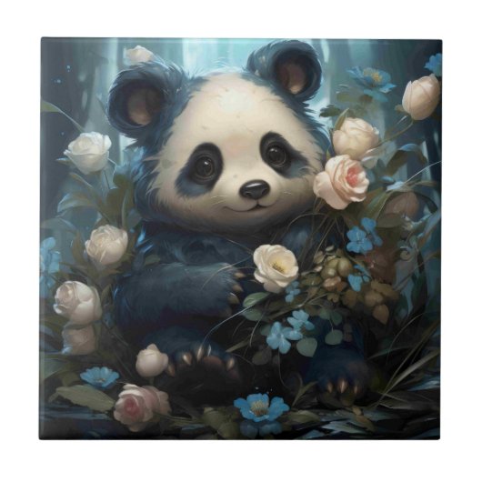 Gentle Panda Bear Among Jungle Roses タイル (正面)