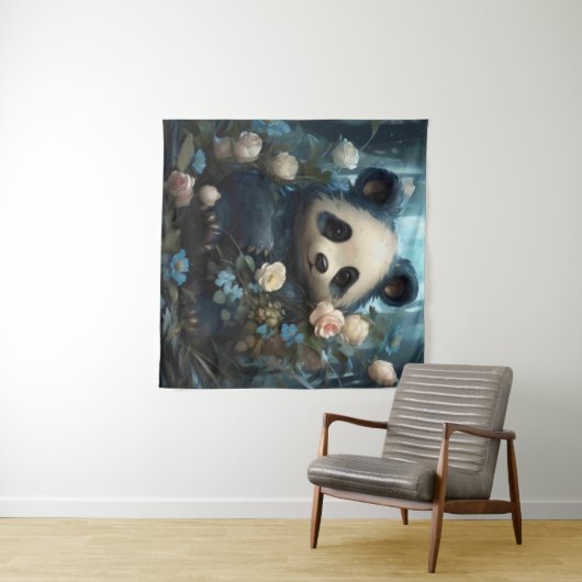 Gentle Panda Bear Among Jungle Roses タペストリー (インサイチュ(横))