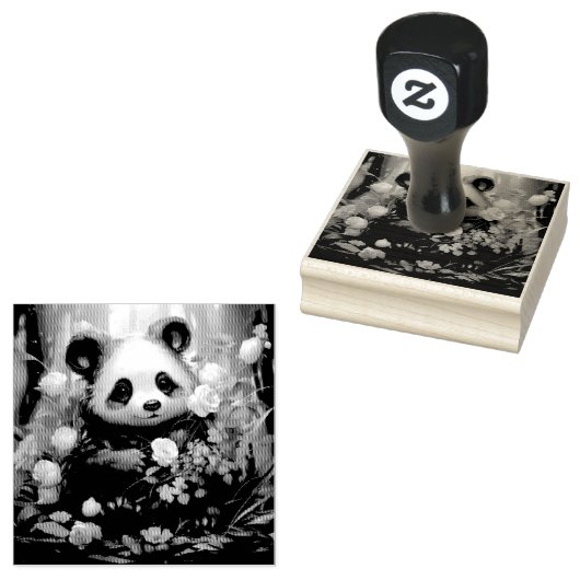 Gentle Panda Bear Among Jungle Roses ラバースタンプ (押印)