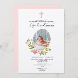 Gentle Pink Floral Baptism Invitation 招待状