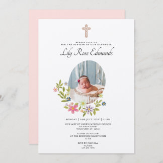 Gentle Pink Floral Baptism Invitation 招待状