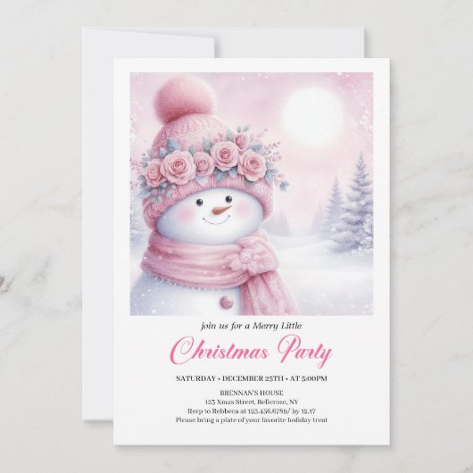 Gentle Pink Snowman Editable Kids Christmas Invite 招待状 (正面)