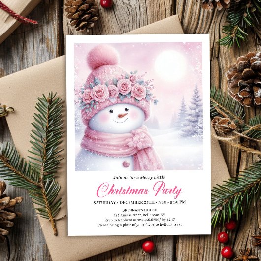 Gentle Pink Snowman Editable Kids Christmas Invite 招待状