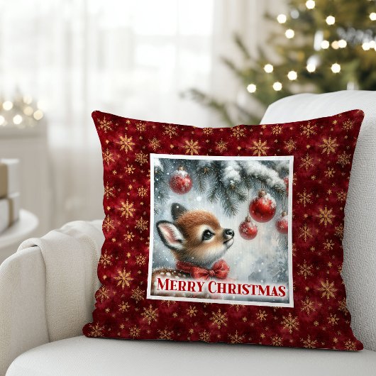 Gentle snowy forest baby deer festive scene Xmas クッション