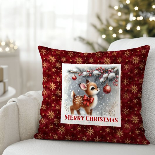 Gentle winter scene baby fawn Christmas pillow  クッション
