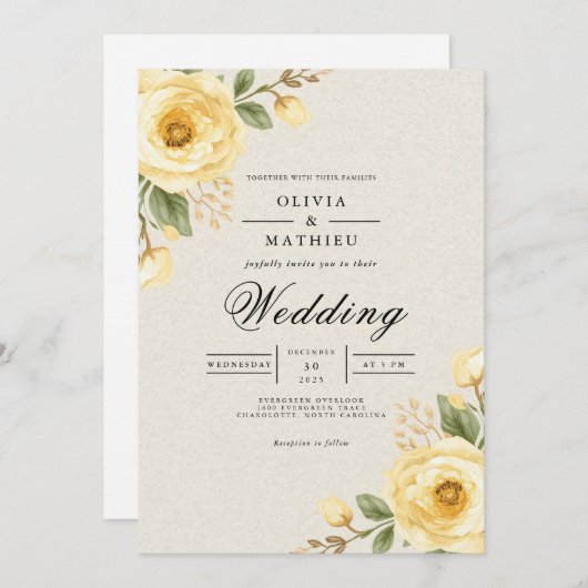 Gentle Yellow Bloom Floral Wedding 招待状 (正面/裏面)