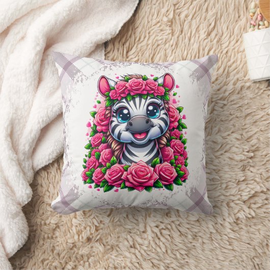 Gentle Zebra in Rose Wreath クッション (ブランケット)