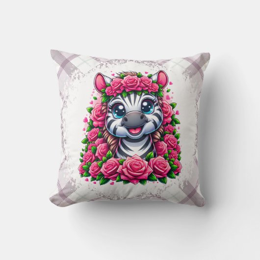 Gentle Zebra in Rose Wreath クッション (正面)