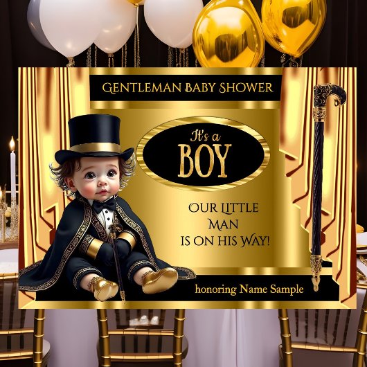 Gentleman Tophat Baby Shower Black Gold Drapes  招待状