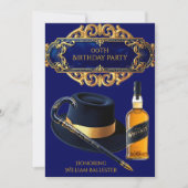 Gentlemen Hat Cane Whiskey Gold Navy Birthday 招待状 (正面)