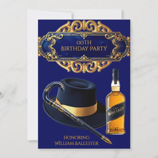 Gentlemen Hat Cane Whiskey Gold Navy Birthday 招待状 (正面)