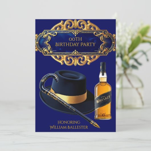Gentlemen Hat Cane Whiskey Gold Navy Birthday 招待状 (スタンド正面)