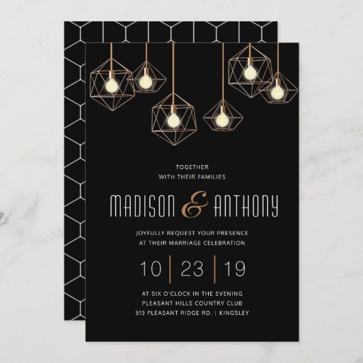 Geoライト黒および金ゴールドモダンジオメト結婚リ 招待状 (正面/裏面)