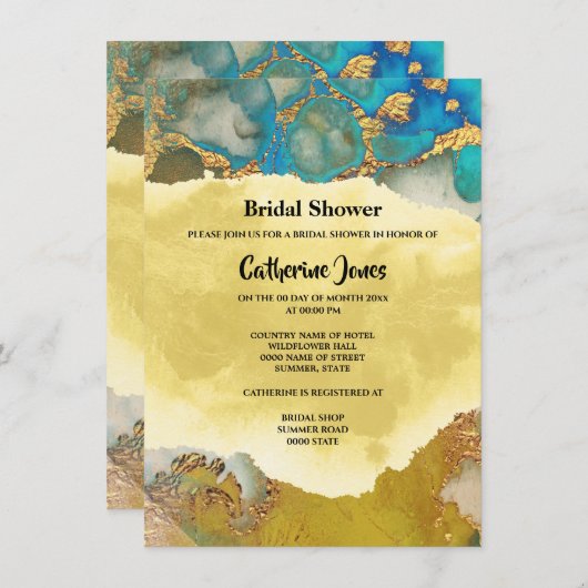 Geodeシック金ゴールドブルー瑪瑙ウォーターカラーブライダル 招待状 (正面/裏面)