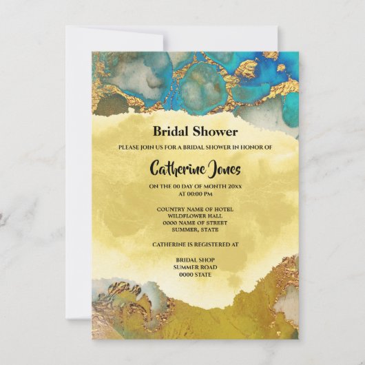 Geodeシック金ゴールドブルー瑪瑙ウォーターカラーブライダル 招待状 (正面)