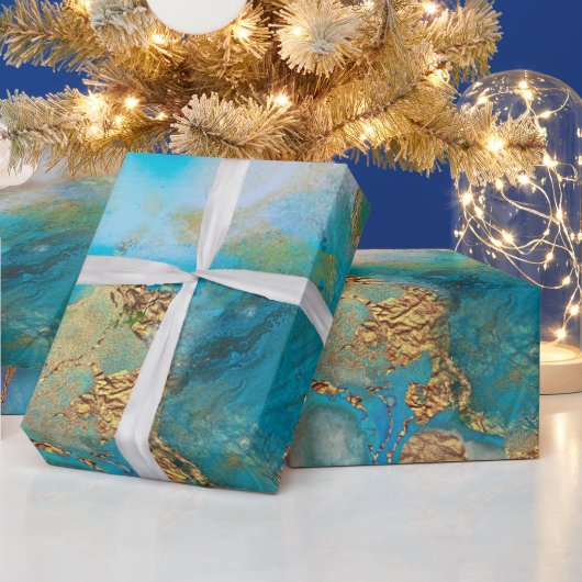 Geodeフェイク金ゴールドブルーパープルアゲートピーコックシック ラッピングペーパー (クリスマス)