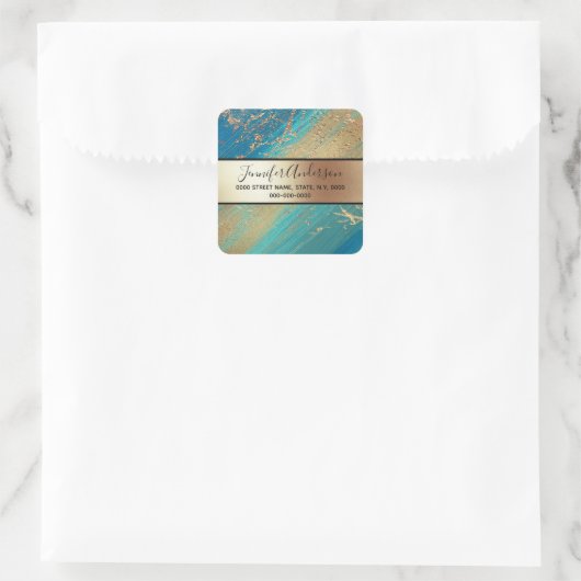 Geodeフェイク金ゴールドメタリックきらめく大理石ブルー スクエアシール (バッグ)