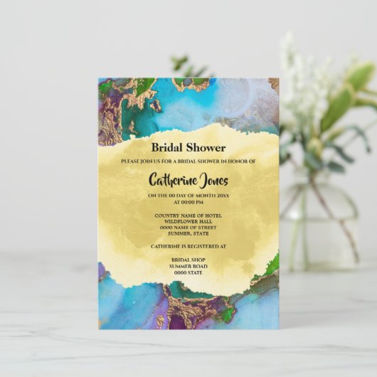 Geode抽象芸術クジャク色の水色agate 招待状 (スタンド正面)