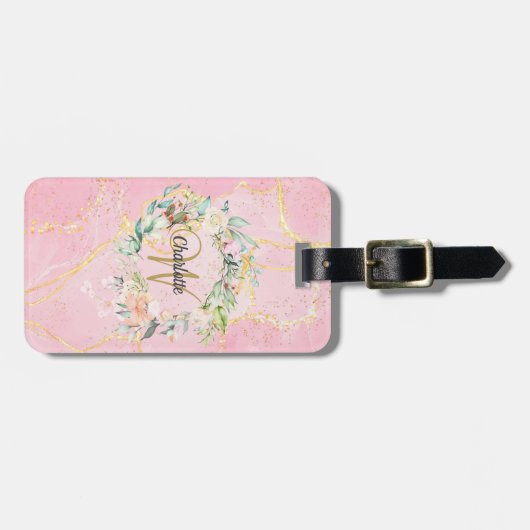 Geode Agate金ゴールドスクリプトモノグラムフローラ ラゲッジタグ (正面横)