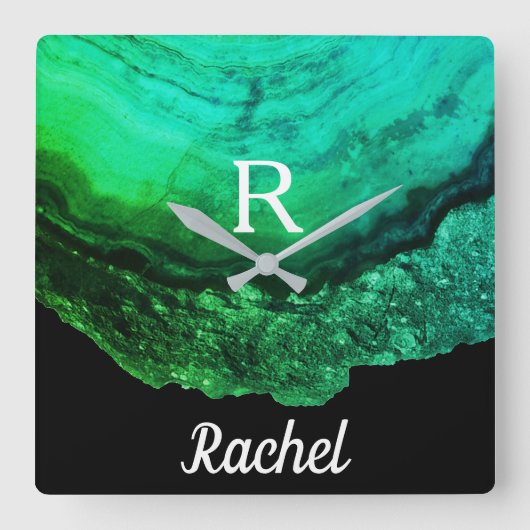 Geode Agate Monogramイニシャル名テンプレートGreen スクエア壁時計 (正面)