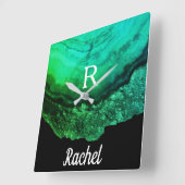 Geode Agate Monogramイニシャル名テンプレートGreen スクエア壁時計 (傾斜)