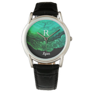 Geode Agate Monogramイニシャル名テンプレートGreen 腕時計