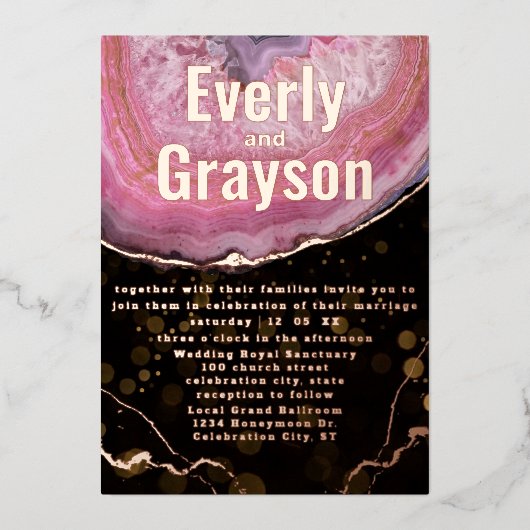 Geode Pink & エレガント金ゴールドWedingFoil Invitati 箔招待状 (正面)