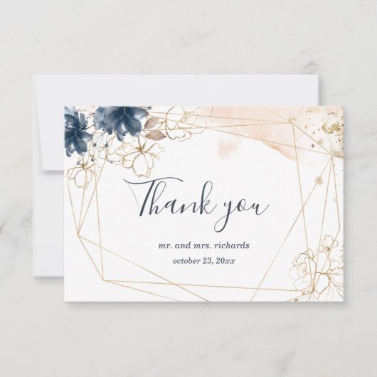 Geometric 結婚's Thank you in navy, 金ゴールド&赤面 出欠カード (正面)