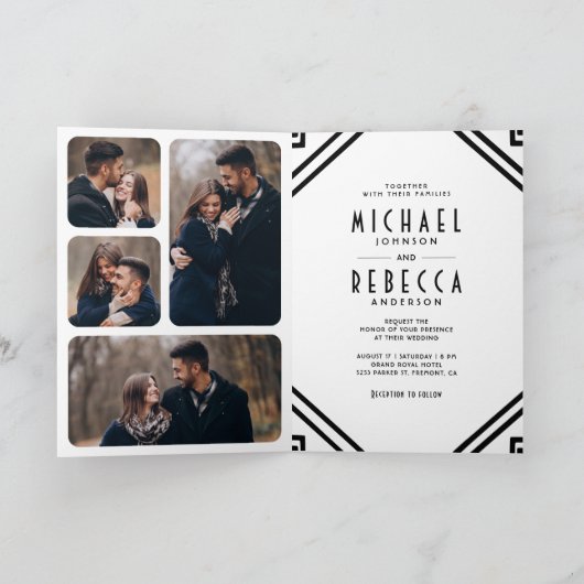 Geometric Art Deco Black and White QR Code Wedding 招待状 (内部)