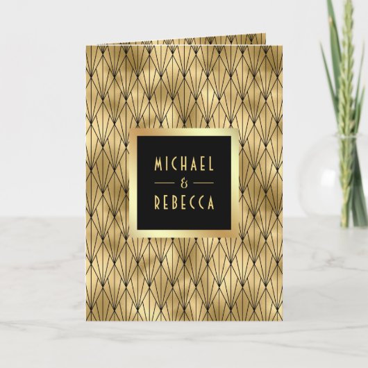 Geometric Art Deco Black Gold QR Code Wedding 招待状 (正面)