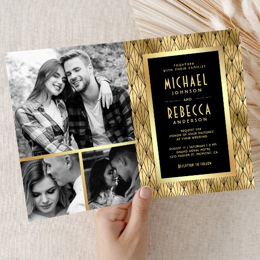 Geometric Art Deco Black Gold QR Code Wedding 招待状