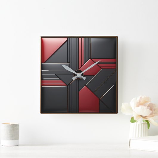 Geometric Art Deco Red Black Elegant スクエア壁時計 (ホーム)