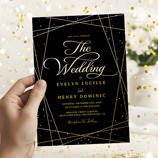 Geometric Black and Gold Luxury Wedding 箔招待状