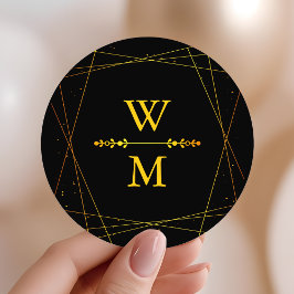 Geometric Black and Gold Monogram Wedding Favor ラウンドシール