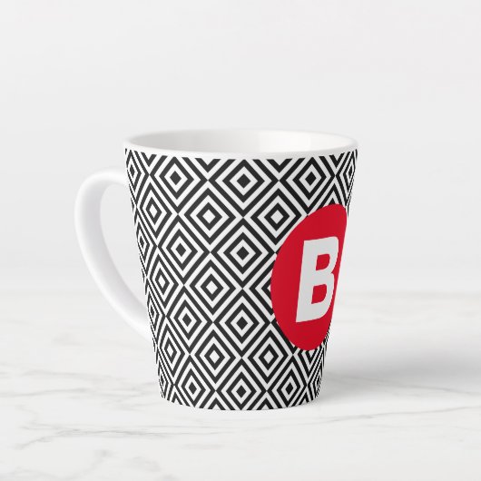 Geometric Black and White Pattern Red Monogram カフェラテマグ (左アングル)