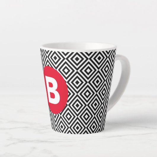 Geometric Black and White Pattern Red Monogram カフェラテマグ (右アングル)