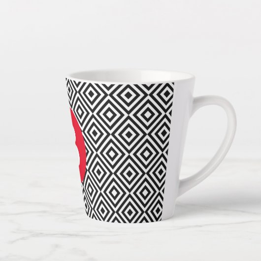 Geometric Black and White Pattern Red Monogram カフェラテマグ (右)