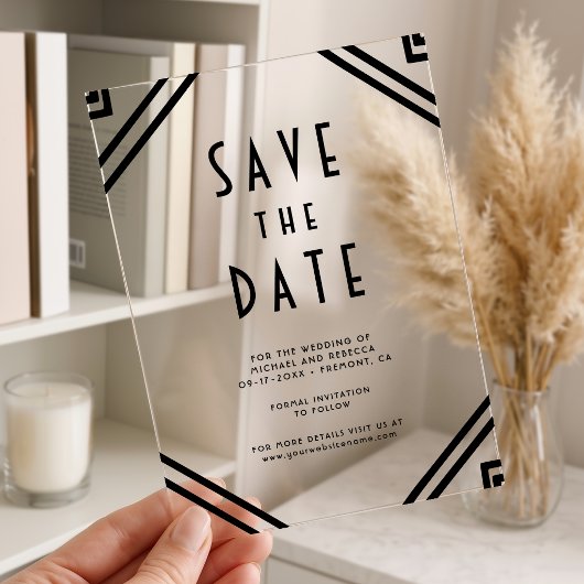 Geometric Black Art Deco Wedding Save the Date アクリル招待状