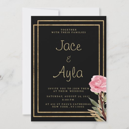 Geometric black gold pink mint flower Wedding 招待状 (正面)